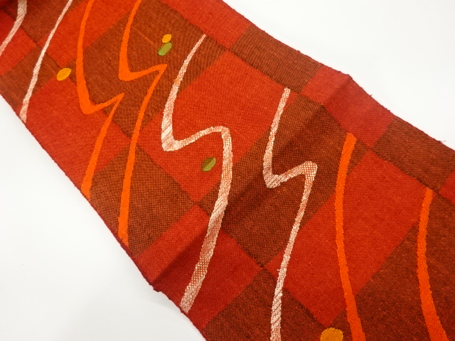 リサイクル　手織り真綿紬変わり市松に抽象模様織出し名古屋帯